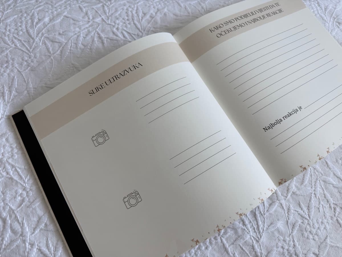 An interior spread with lined space for notes beside a photo frame.